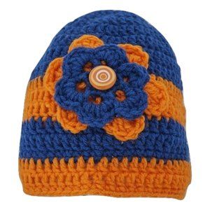 Women’s Homemade Hand Crocheted Orange and Blue Striped Flower Beanie Winter Hat